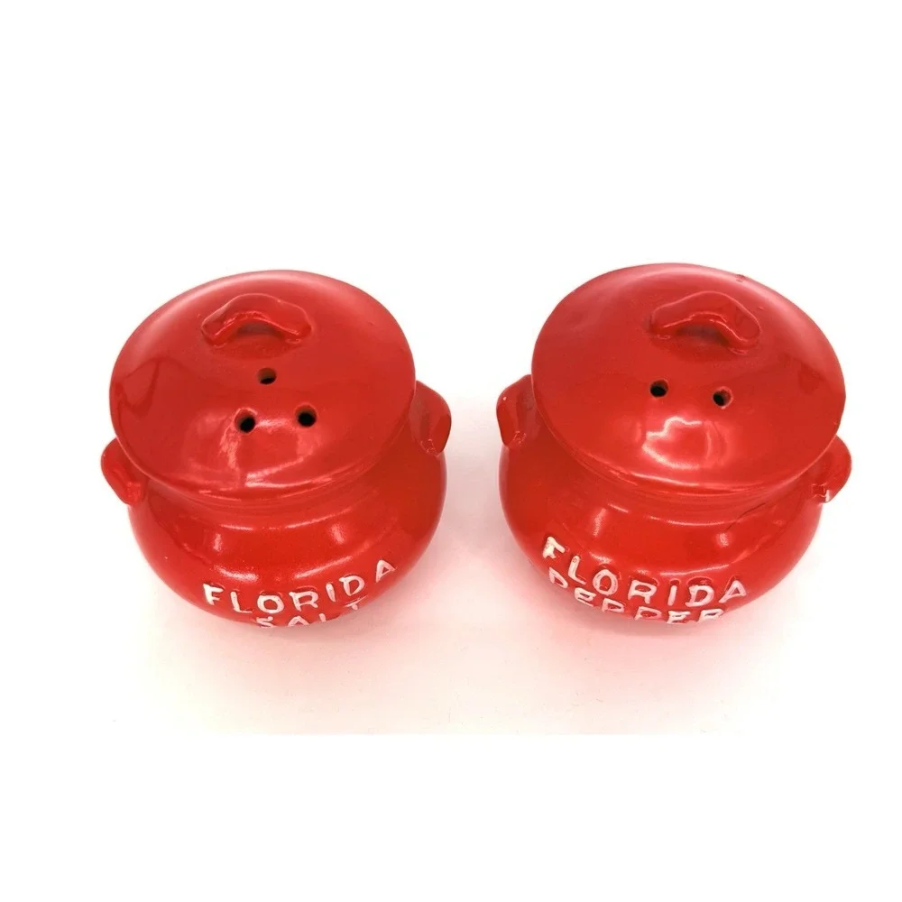 Vtg Collectible Lego Footed Red Kettle Florida Salt & Pepper Shakers 3x3
